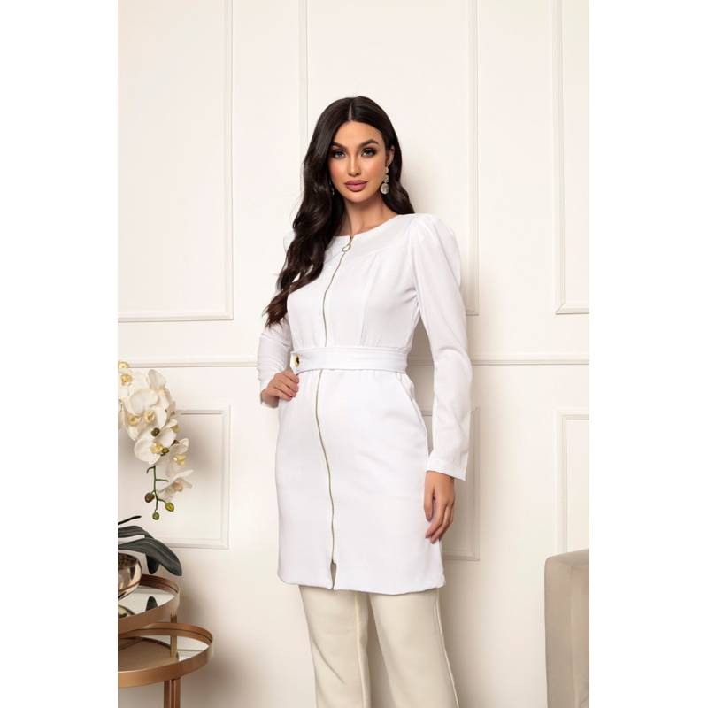 Jaleco Feminino Two Way C/ Zíper Manga Bufante Forro Cetim Branco Charm Gardenia Jalecos