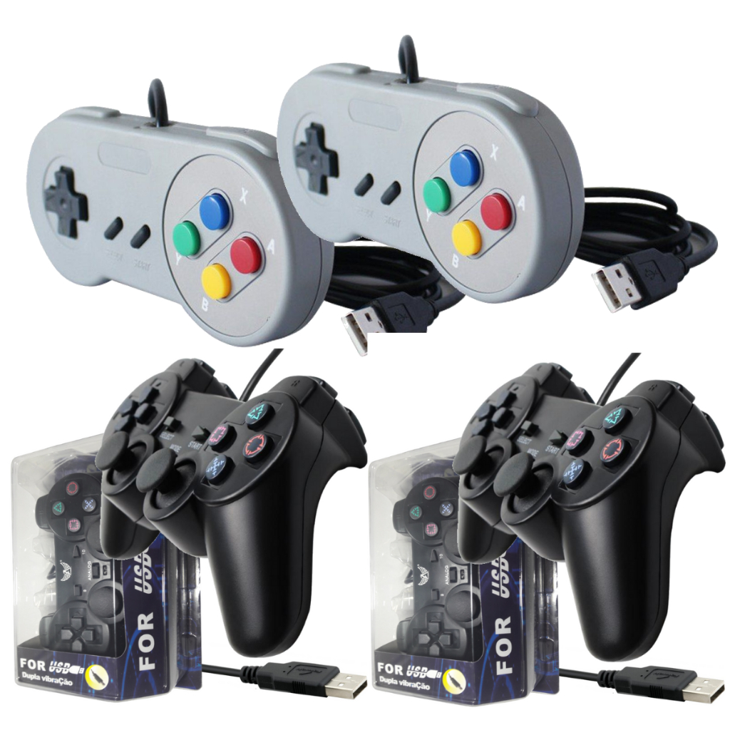 Super Kit 4x Controles USB Joystick Games Retro Computador Raspberry Manete Pc 2x Modelo Ps2 + 2x Snes