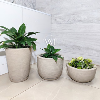 Kit 3 Vasos de Planta Flor Polietileno Texturizados Redondo Cone + Bojo + Bacia + Pratos