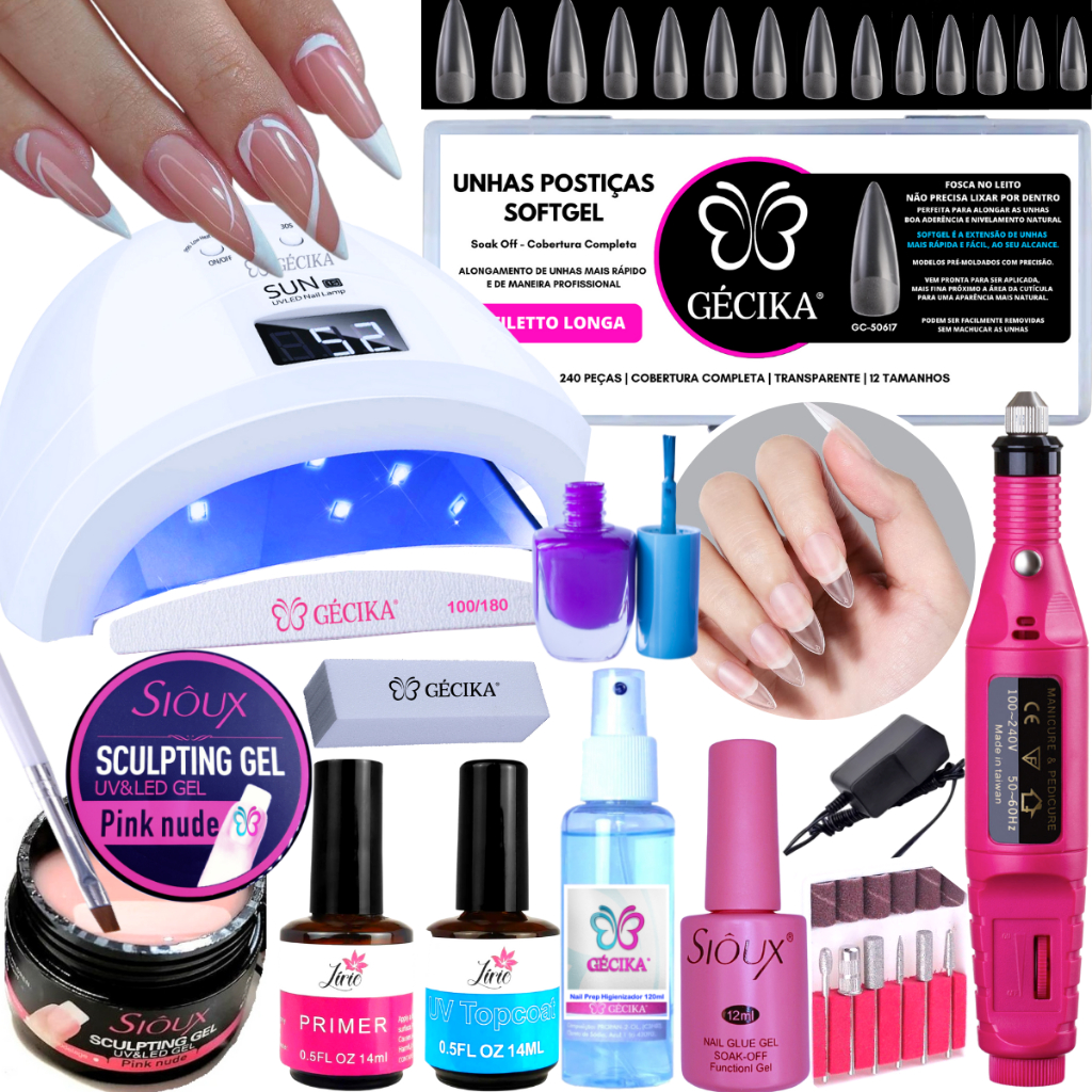 Kit Unha Postiça Softgel Completo Stiletto Cabine Sun 48w Lixadeira Eletrica Unhas Esmalte em Gel Prep Gel Base Cola Unha Postiça Mesmo Fabricante Softgel D&Z Soft Gel Sioux