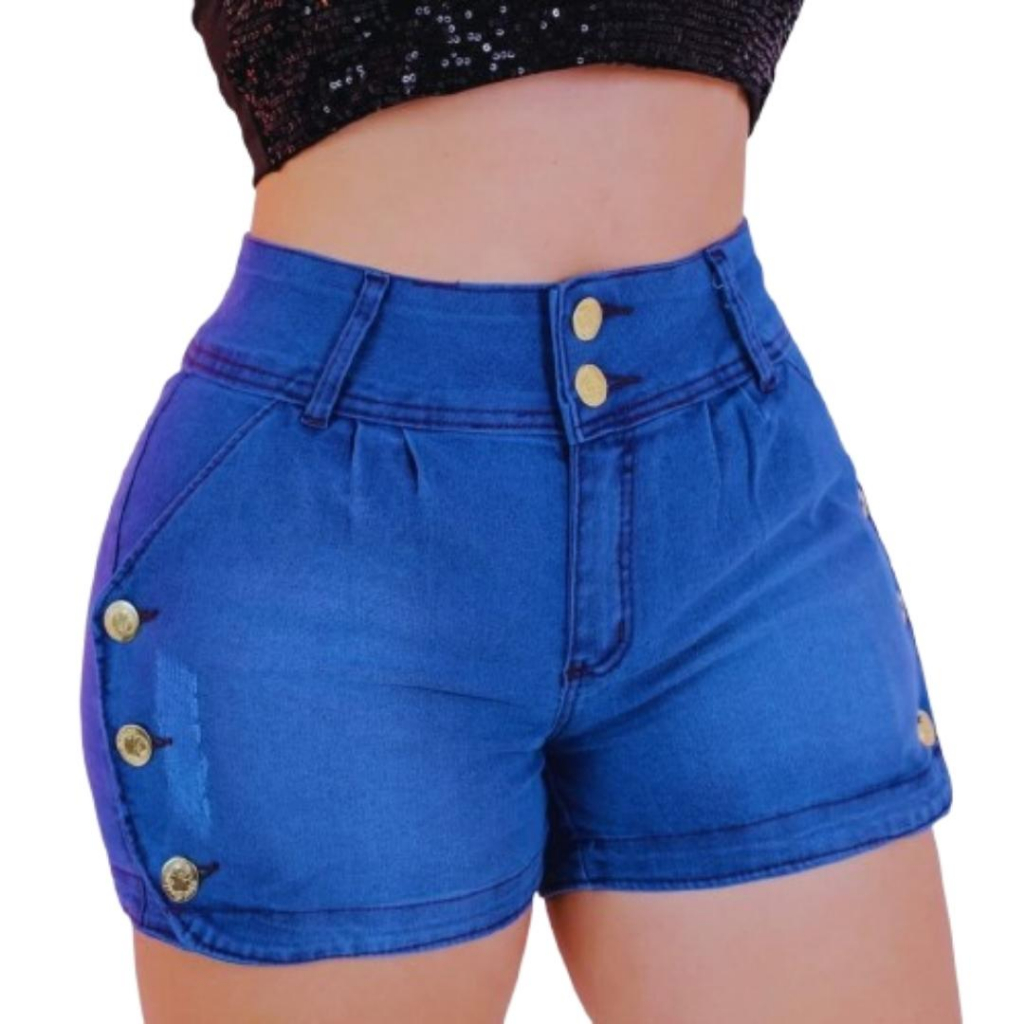 Short Jeans Feminino Bermuda Cós Alto Tendencia 8Botoes Cintura Alta, Cós Alto, levanta o bumbum