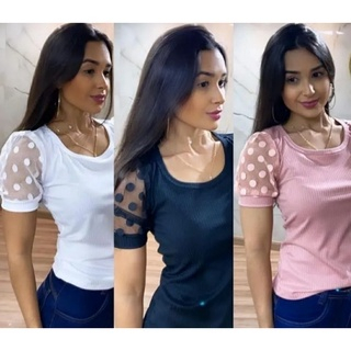 Blusa Manga Tule Curta  Gola Redonda Normal e Plus Size