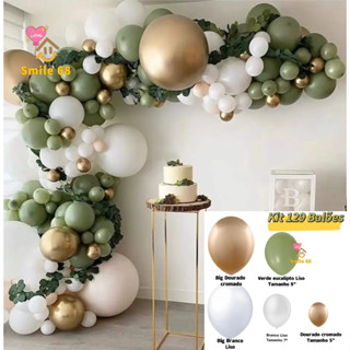 Kit 129 Balões Bexiga Liso Verde Eucalipto 9" + Branco 7" + Dourado Cromado 5" + 2 Big Dourado + 2 Big Branco Metalizado Para Festas Aniversários Decoraçã