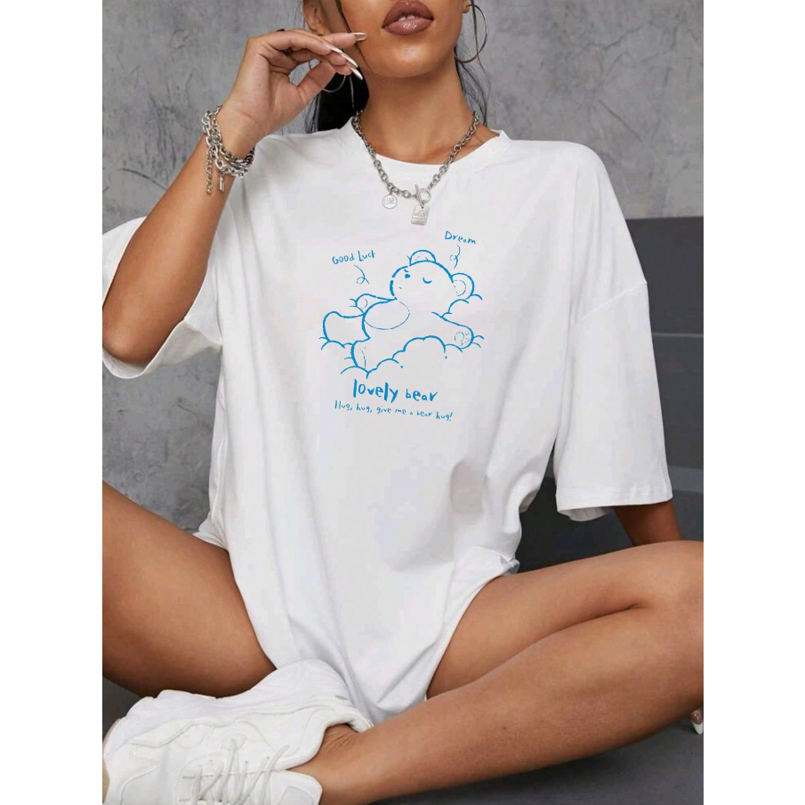 Camiseta Lovely Bear Ursinho Dormindo Oversized Long Line Manga Curta Básica