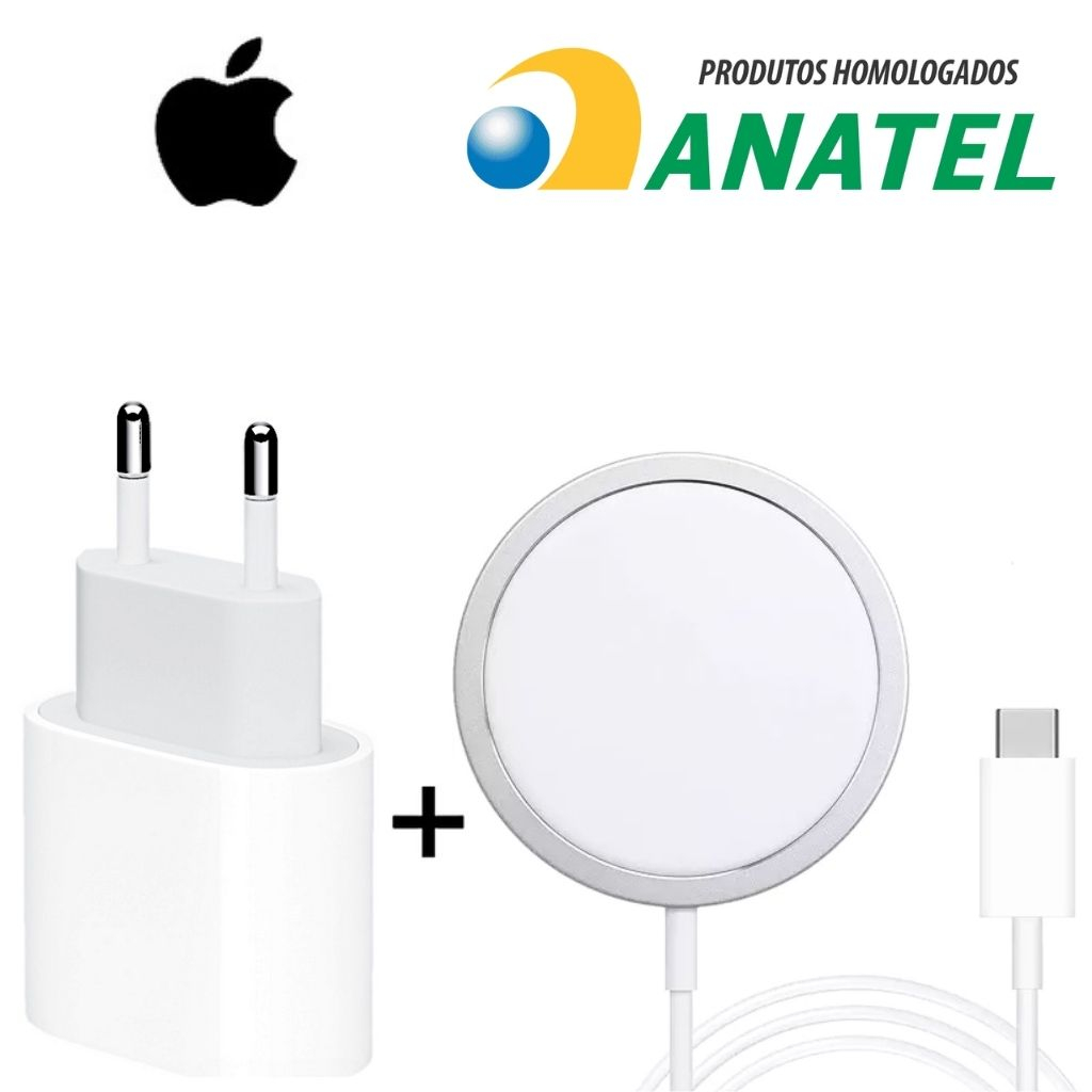 Carregador Magnético Cabo Indução Sem Fio Magsafe + Fonte Turbo Tipo USB-C Carrega Rápido Para iPhone 15 14 13 12 11 X SE XS XR X 8 Pro Plus Max Mini Type-C 15W Homologado Anatel