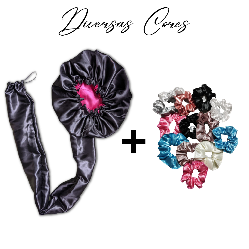 COMBO Touca Difusora de Cetim com 5 xuxinha / Scrunchie de Cetim