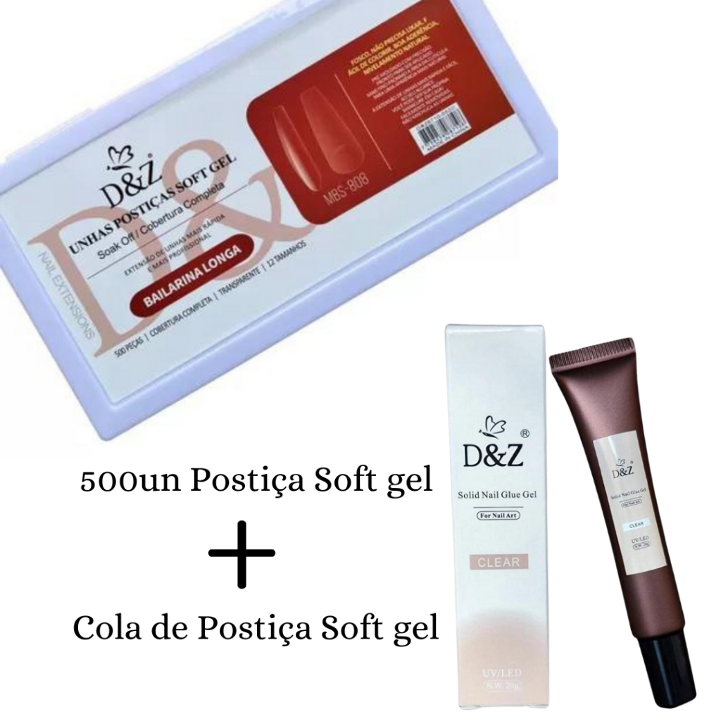 Kit500un Unhas Postiças Soft Gel D&Z Bailarina Alongada+1Cola de Soft gel D&Z Sem rastros,Ultrafina