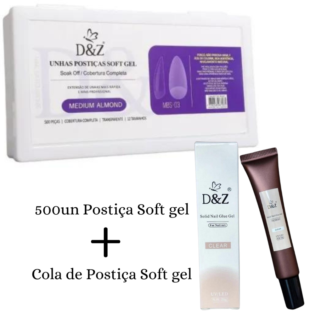 Kit 500un Unhas Postiças Soft Gel D&Z Almond Fosca + 1 Cola Soft gel D&Z Sem rastros e Ultrafina.