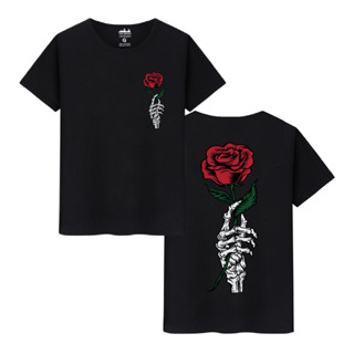Camiseta Masculina Algodão Premium Mão Caveira Flor Rosa Sad