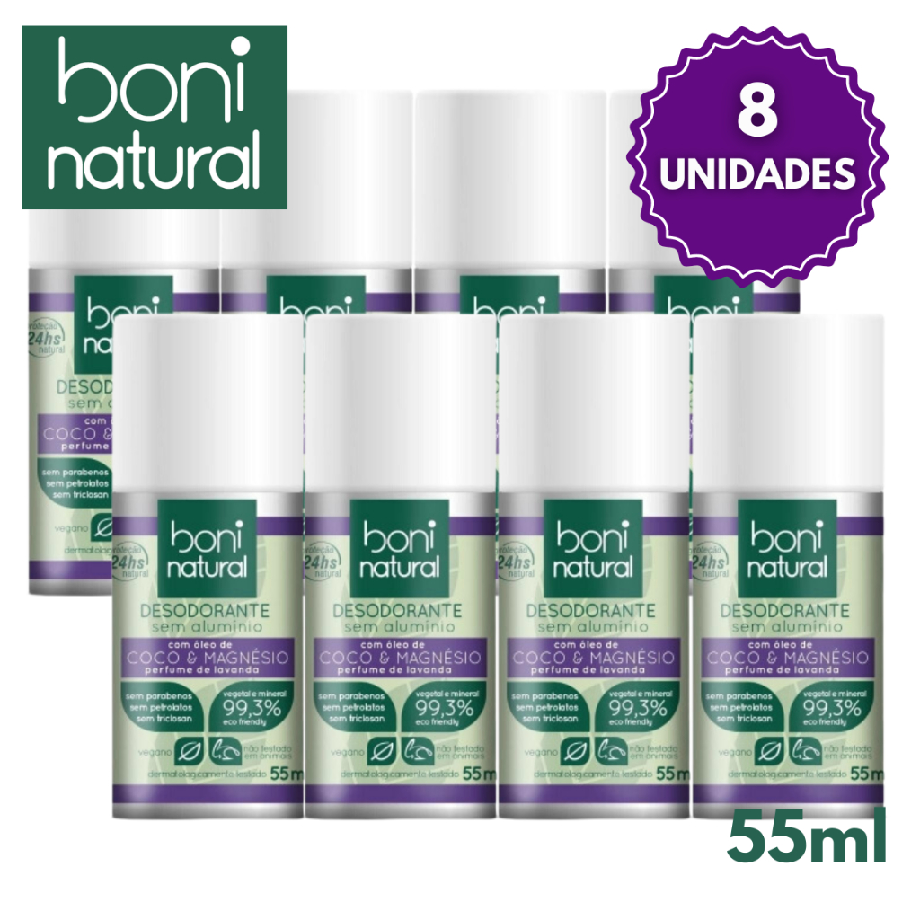 Kit Desodorante Coporal 8 Unidades Coco e Magnesio 55ml Boni Natural