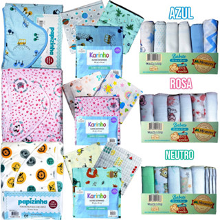 Enxoval Kit Bebe 10 Peças - 6 Pano de Boca + 3 Cueiro Flanelado + 1 Toalha Fralda Com Capuz Bebê 100% Algodão