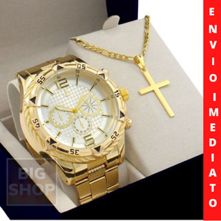 Relógio Masculino Banhado Ouro Original + Cruz Colar Fina