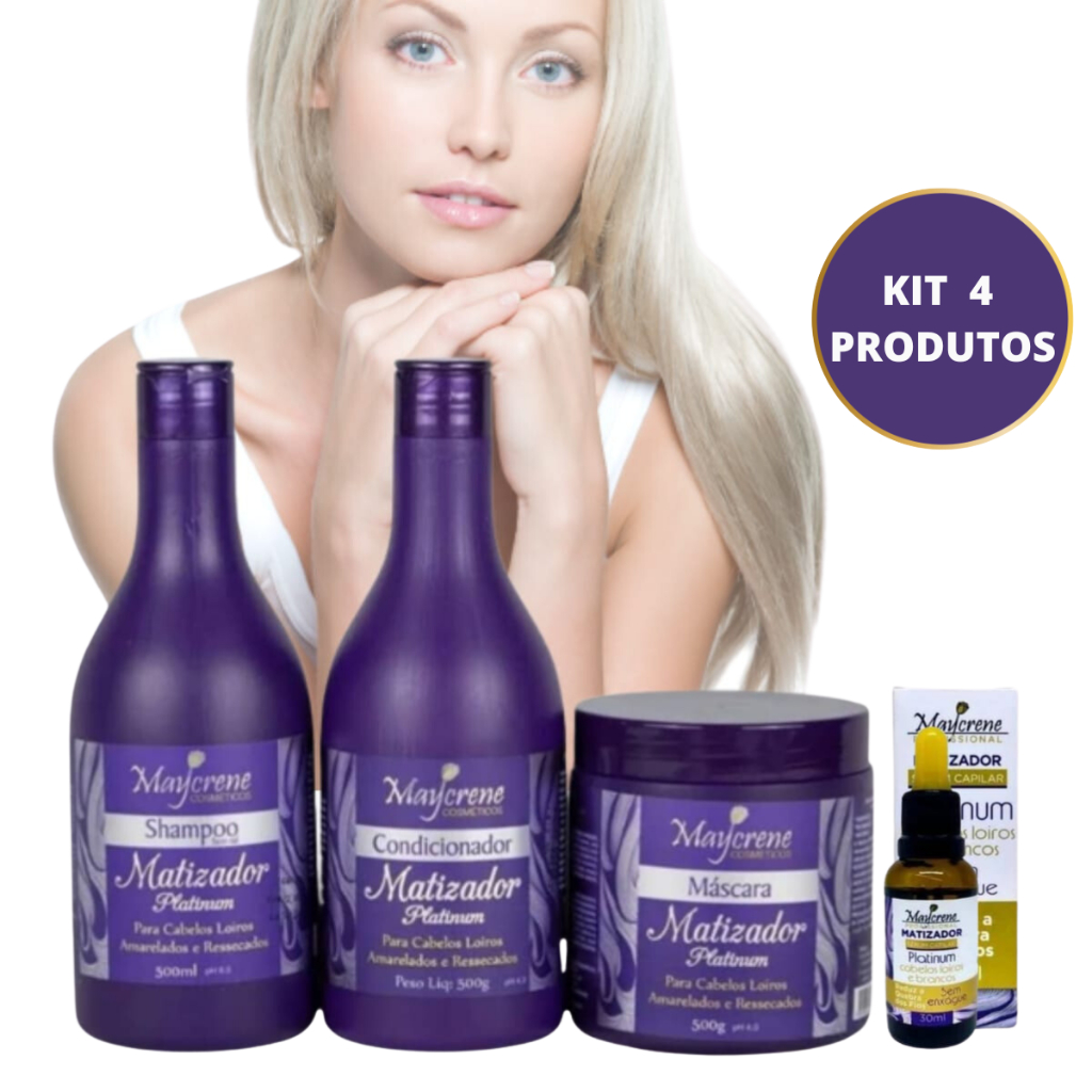 Kit Matizador loiro Platinado cabelos loiros amarelados brancos e grisalhos, shampoo e condicionador, máscara matizadora azul , óleo reparador queda de cabelo.