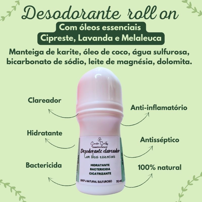 Desodorante natural roll on clareador com óleos essenciais 70ml