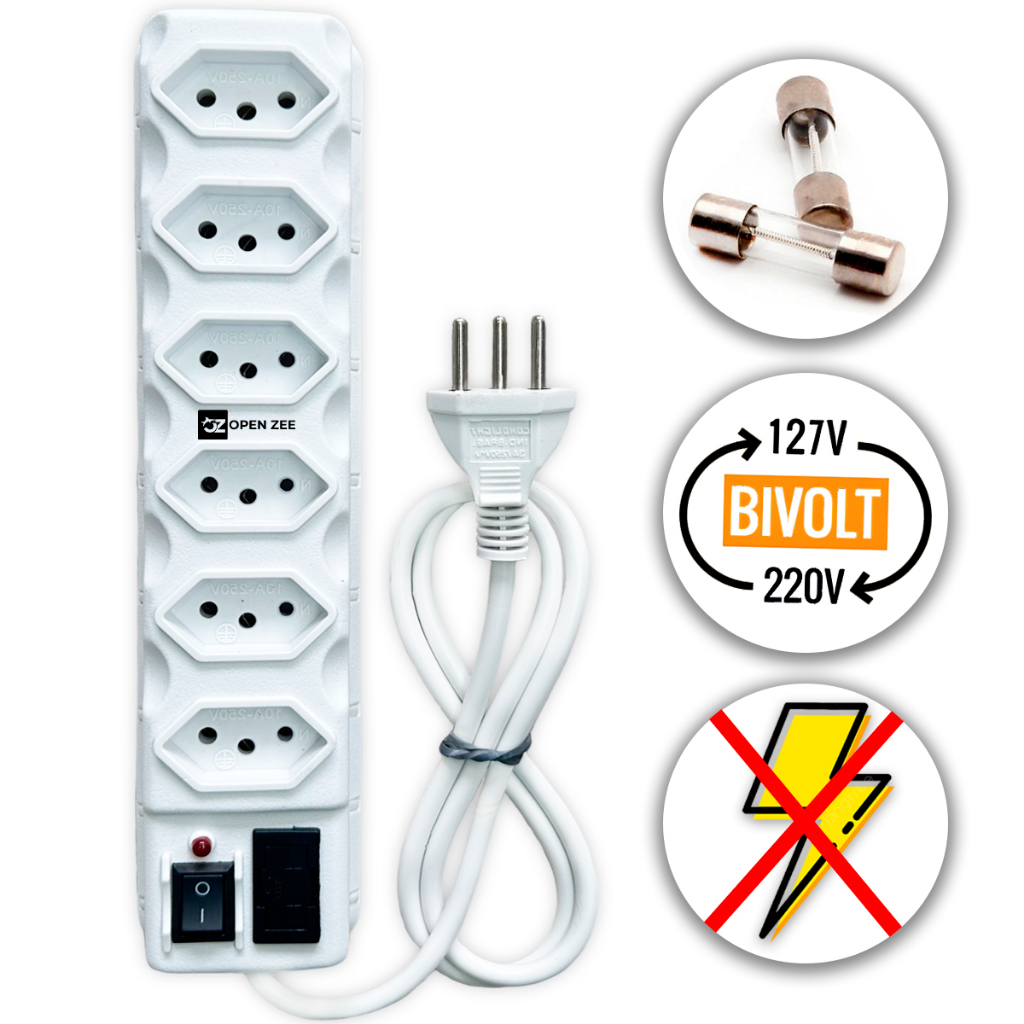 Filtro de Linha Branco Régua de Tomadas Tripolar 6, 5, 4 e 3 e 10 Amperes Com Fusível