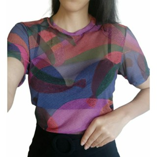 Blusas tule feminina estampada blusinha manga curta