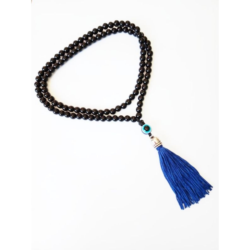 Imagem Japamala 108 Contas Pérola Negra Com Olho Grego Azul 10MM Rosário Budista Meditação Ref:319