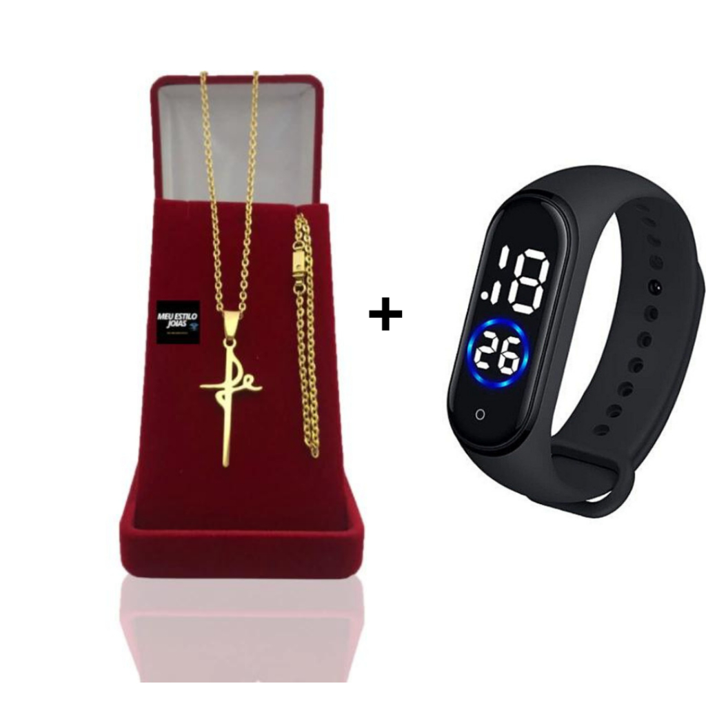 Corrente Masculina Cadeado 2mm banhado a Ouro + Pulseira Com Pingente Letra Fé + Relógio De Pulso Digital
