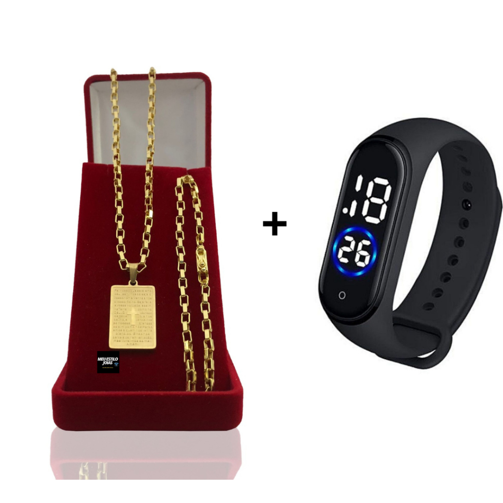 Correntinha Masculina Banhado Ouro Tijolinho 3mm Com Pulseira e Pingente  Pai Nosso + Relógio Digital Prova Dagua Correntinha Masculina