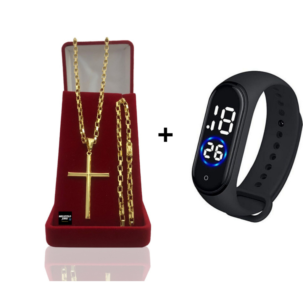 Correntinha Masculina Banhado Ouro Tijolinho 3mm Com Pulseira e Pingente Cruz Palito G + Relógio Digital Prova Dagua Correntinha Masculina