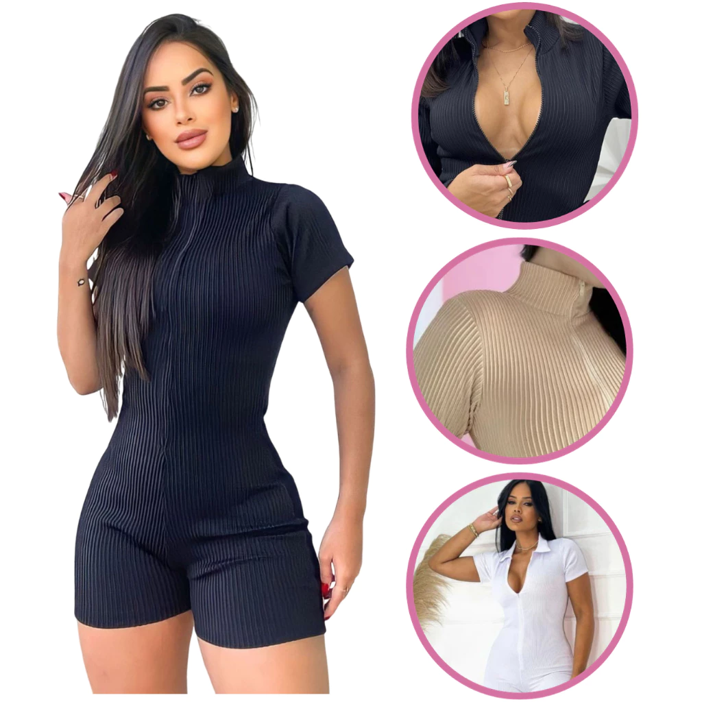 Macaquinho Feminino Canelado 3D Premium Virginia Ziper Shorts Macacão Curto Moda Gringa Blogueira — imagem 1