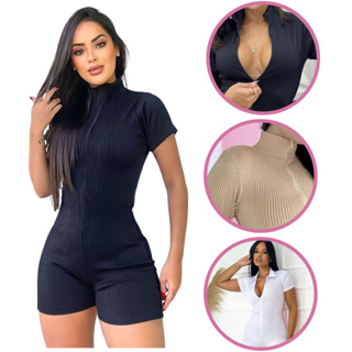 Macaquinho Feminino Canelado 3D Premium Virginia Ziper Shorts Macacão Curto Moda Gringa Blogueira em Oferta na Shopee