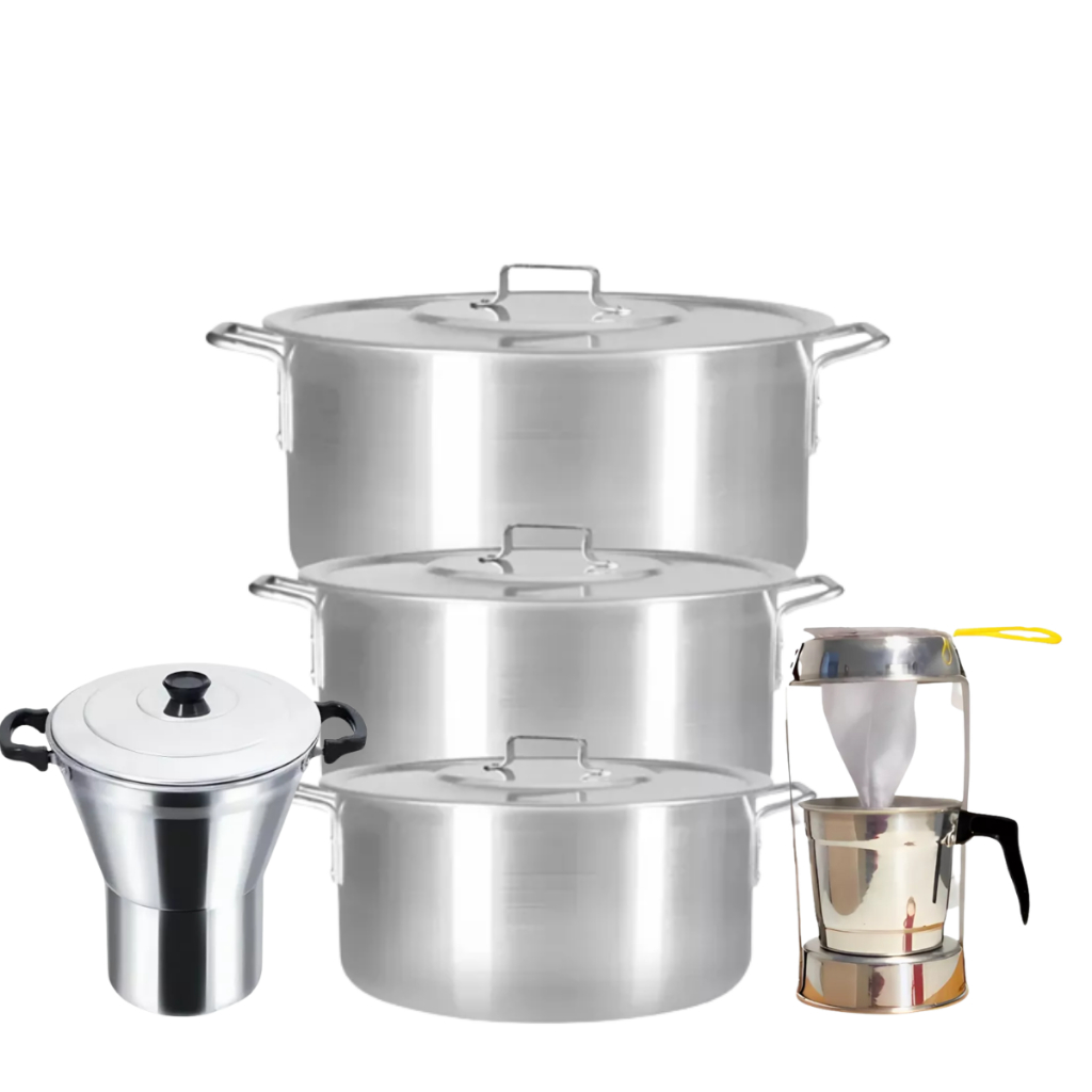 kit Panelas 3 Peças Para Caldos E Feijoadas Coador Com Suporte Antigo Cuscuzeira Nordestina Alumínio