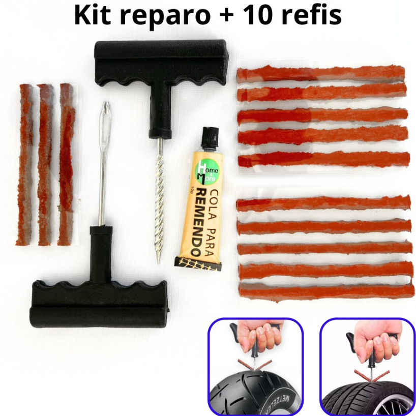 Kit Reparo Pneu Sem Camara Moto Carro + 10 Refis Macarrão Pneu