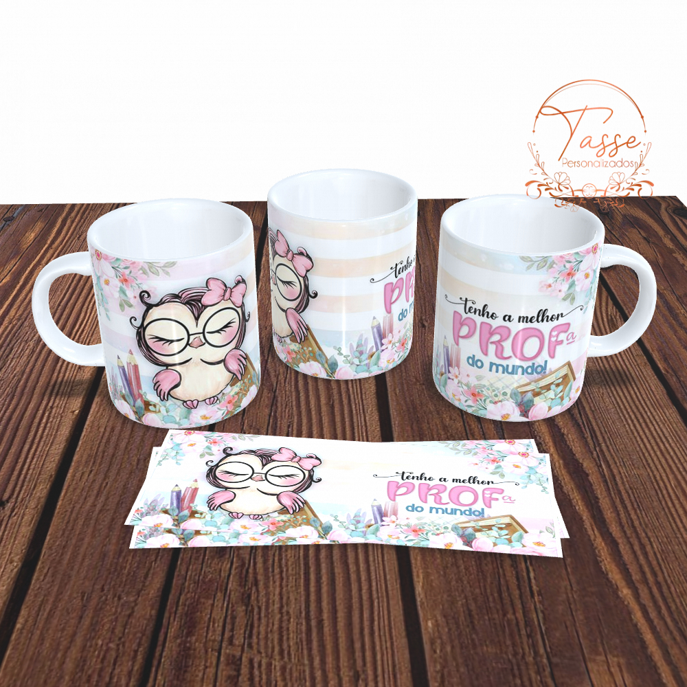 Caneca Porcelana Dia dos Professores Professora Coruja Rosa e floral Linda Presente Aniversario HD