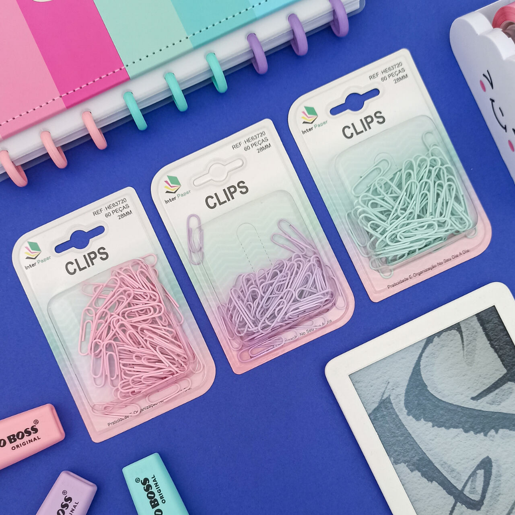 Clips Colorido Metal 60 unidades 28 mm (Rosa, Verde Água, Lilás) HE63720 - Interponte | para Papel Clips Colorido Metal 60 unidades 28 mm (Rosa, Verde Água, Lilás) HE63720 - Interponte | para Papel