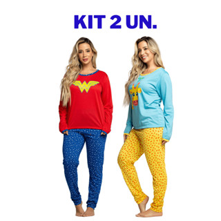 Kit 2 Pijamas Longo Feminino De Frio Adulto Manga Comprida Roupa de Dormir Quente Personagens Desenho Atacado