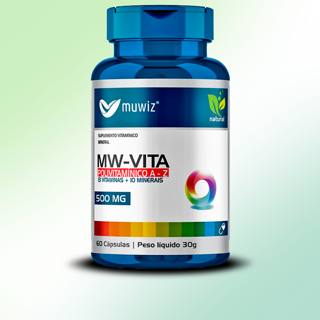 MW-Vita Muwiz 60 cápsulas 500mg Suplemento Polivitamínico A-Z (c/ 13 Vitaminas + 10 Minerais)