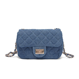 Juzia Bolsas Bolsa feminina com aba flap bag transversal tecido jeans costurada xadrez trava tiracolo alça corrente cadeia