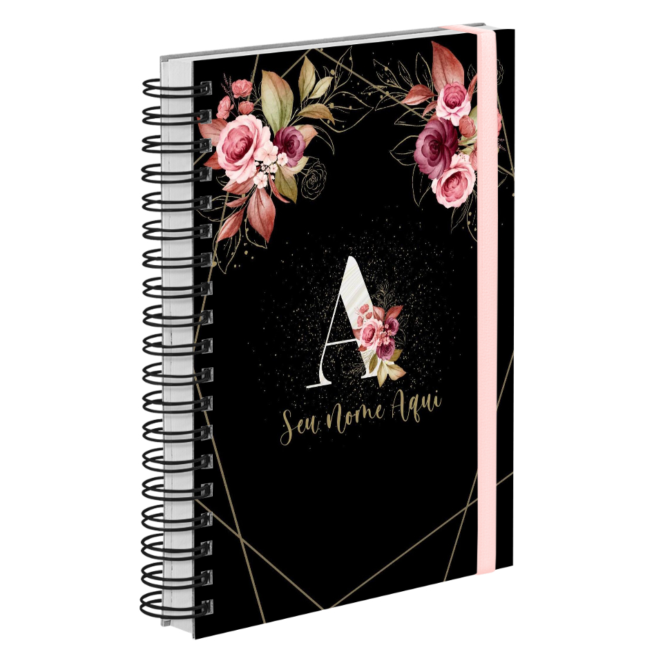 Agenda 2024 Diária Plus Personalizada Monograma Floral Preto E Dourado