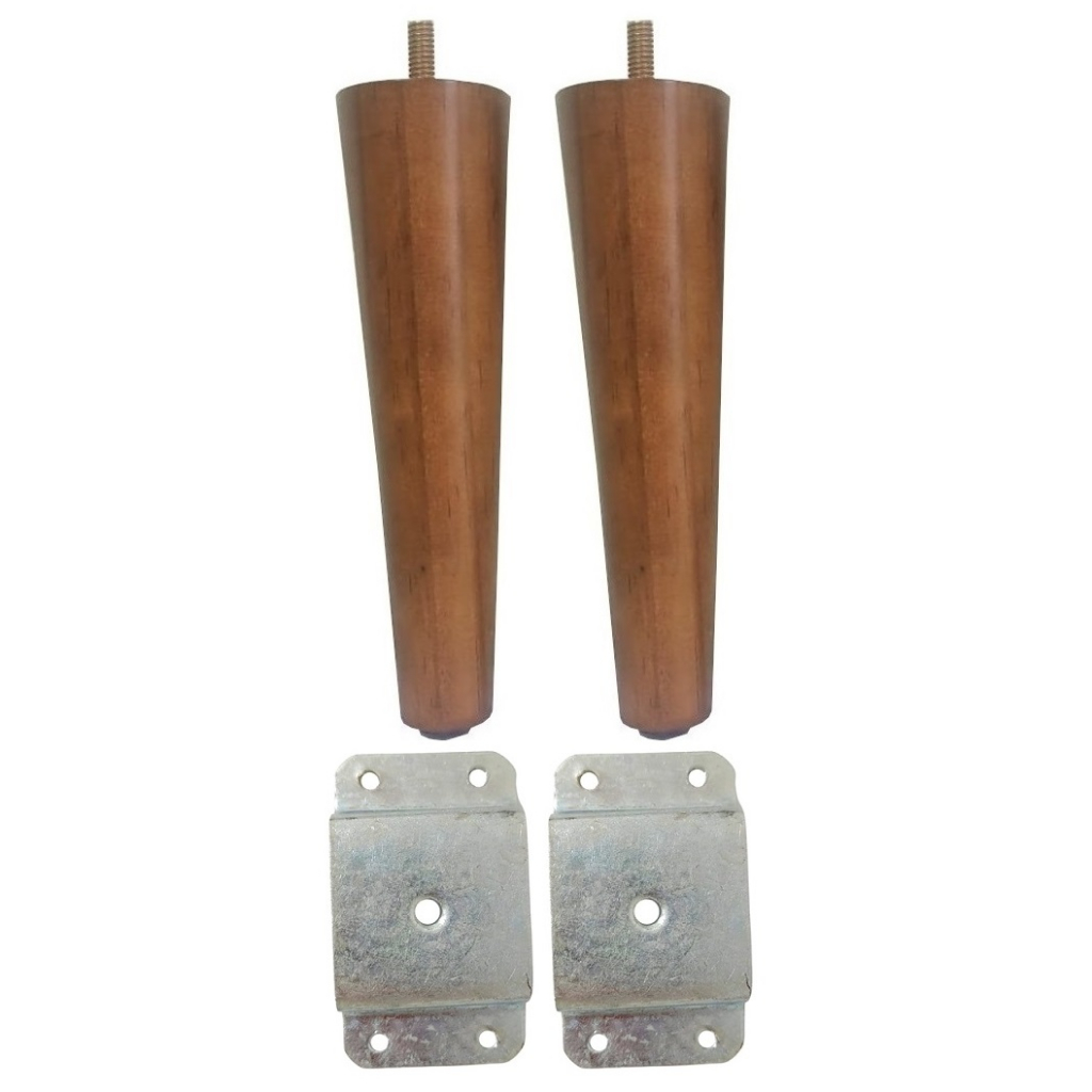 2 Pés Palito 17cm Puff Sofá Rack Poltrona Banco Madeira + 2 Chapinha Chapa Metal Reta - JTHOME