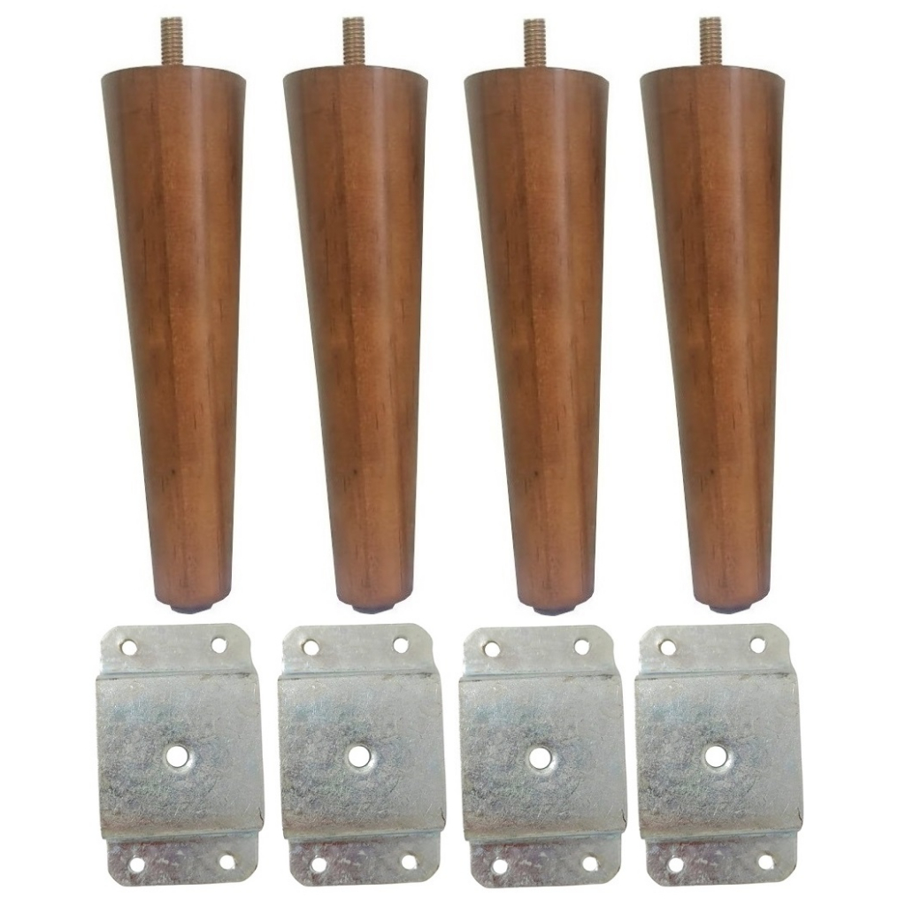 4 Pés Palito 17cm Puff Sofá Rack Poltrona Banco Madeira + 4 Chapinha Chapa Metal Reta - JTHOME