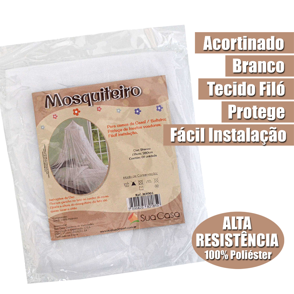 Mosquiteiro Cortinado De Teto Casal Grande Em Filó Branco 280cm Altura Tecido Super Resistente em 100% Poliéster