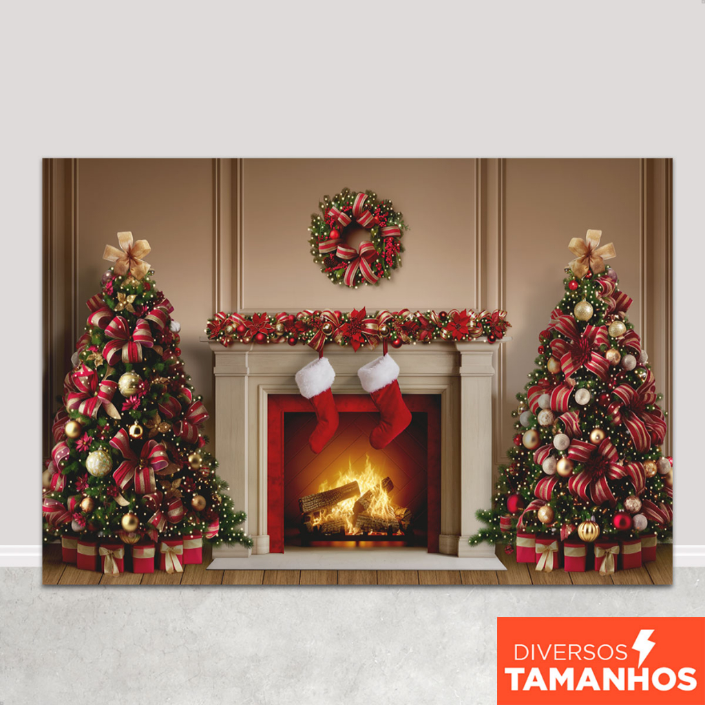 Painel Fundo Fotográfico De Natal Decorativa Cenário Lareira Natalina Em Tecido Sublimado