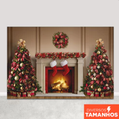 Painel Fundo Fotográfico De Natal Decorativa Cenário Lareira Natalina Em Tecido Sublimado