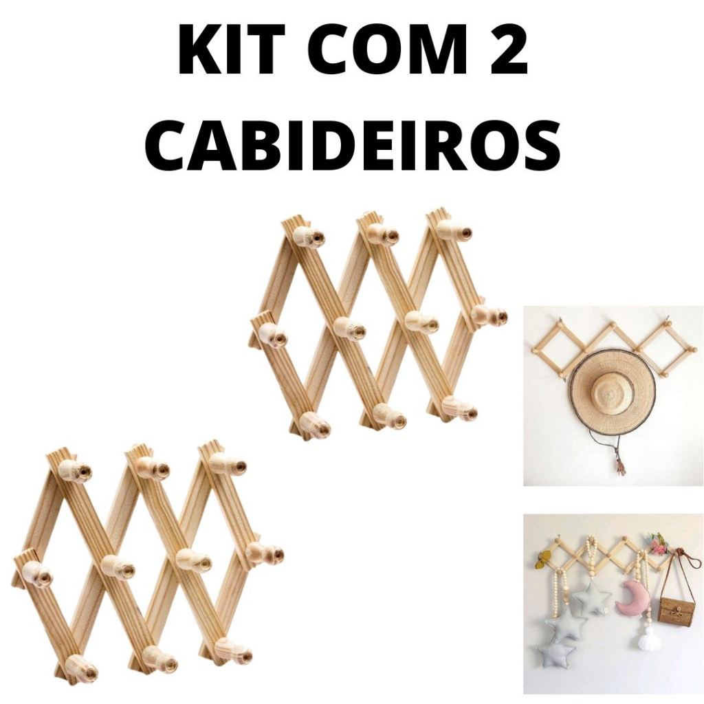 Kit com 2 Cabideiros Sanfonado de Madeira 10 Pinos Retratil e Ajustavel Parede Porta