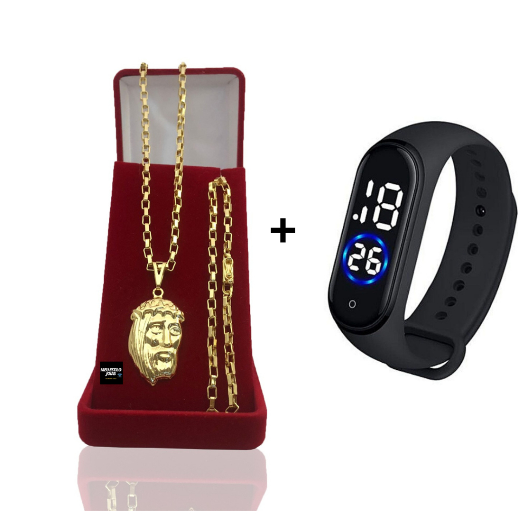 Corrente Masculina Infantil Tijolinho 3mm Banhado Ouro Com Pingente  Face de Cristo + Relógio Digital Prova Dagua  Correntinha Infantil