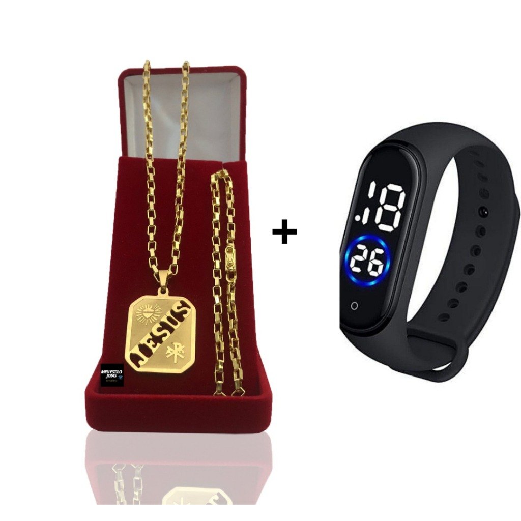 Corrente Masculina Infantil Tijolinho 3mm Banhado Ouro Com Pingente Escrito Jesus Vasado + Relógio Digital Prova Dagua  Correntinha Infantil