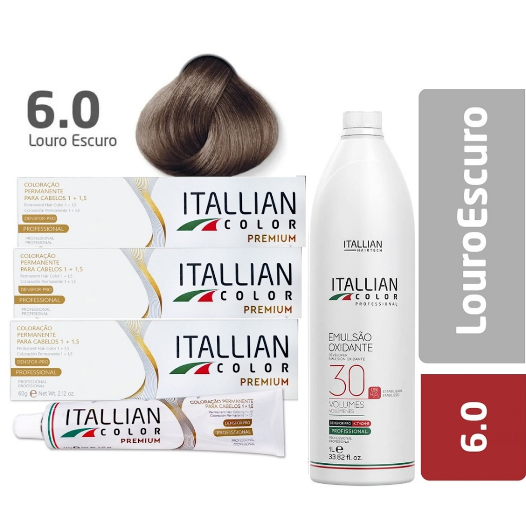 Kit Itallian Color 3 Tintura 6.0 Louro Escuro + Emulsão Oxigenada 30 Vol. 1Lt