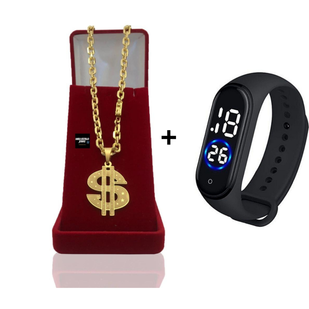 Corrente Masculina Cadeado 8mm + Pulseira e Pingente Cifrão 97 Banhado a Ouro 18k +  Relógio De Pulso Digital Com LED Prova D'água Cordão Masculino