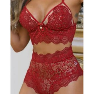 Conjunto lacradora de renda/cropped de renda com tule/ calcinha em renda/ hot pant/cintura alta lingerie langerie sexy Roupa Intima