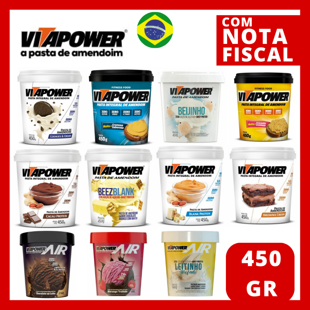 Pasta De Amendoim Vitapower 450g Gourmet e Air Tipo Sorvete Sabores Premium Original