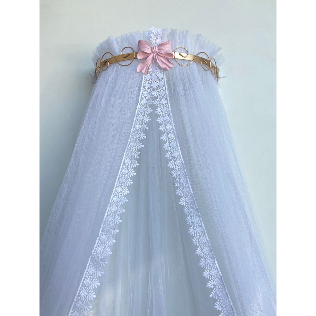 Dossel Clássico Laço Rosa e Mosquiteiro Tule Renda Enxoval bebe (invert)