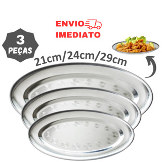 Kit 3 Travessas Inox Oval Rasa Bandeja Para Salada Porções e Petiscos 21cm,24cm,29cm