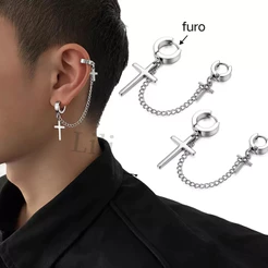 Brinco Punk Corrente De Gancho Com Pingente De Cruz De Aço Inoxidável/ Unisex