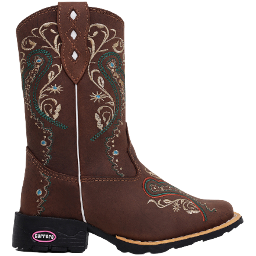Bota Texana Infantil Feminina Couro Bordada Ramos Colorido Sola Bico Quadrado Djnago